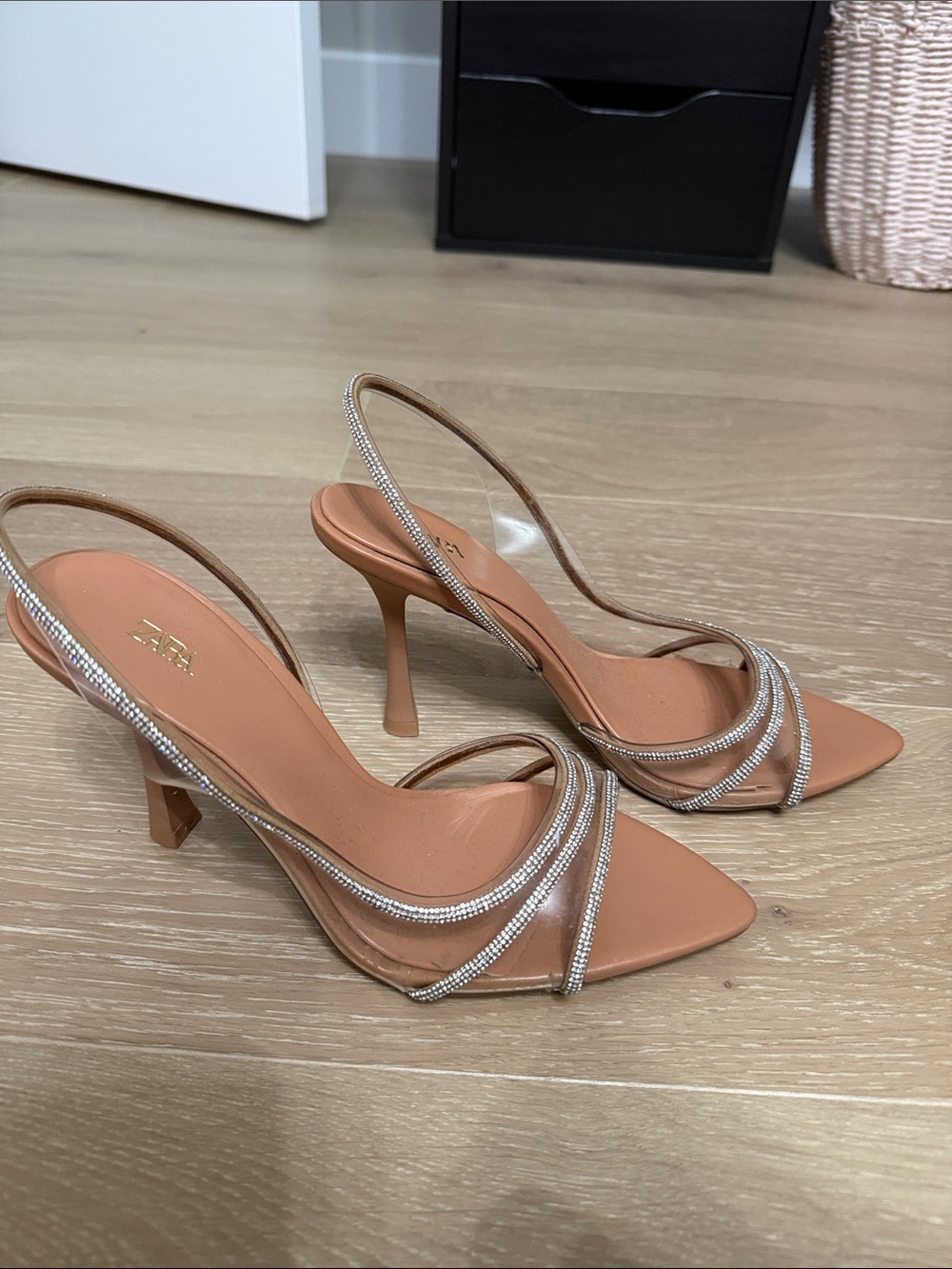 Zara Tan Pointed-Toe Clear D'Orsay Heels with Rhinestone Straps - Picture 2 of 4